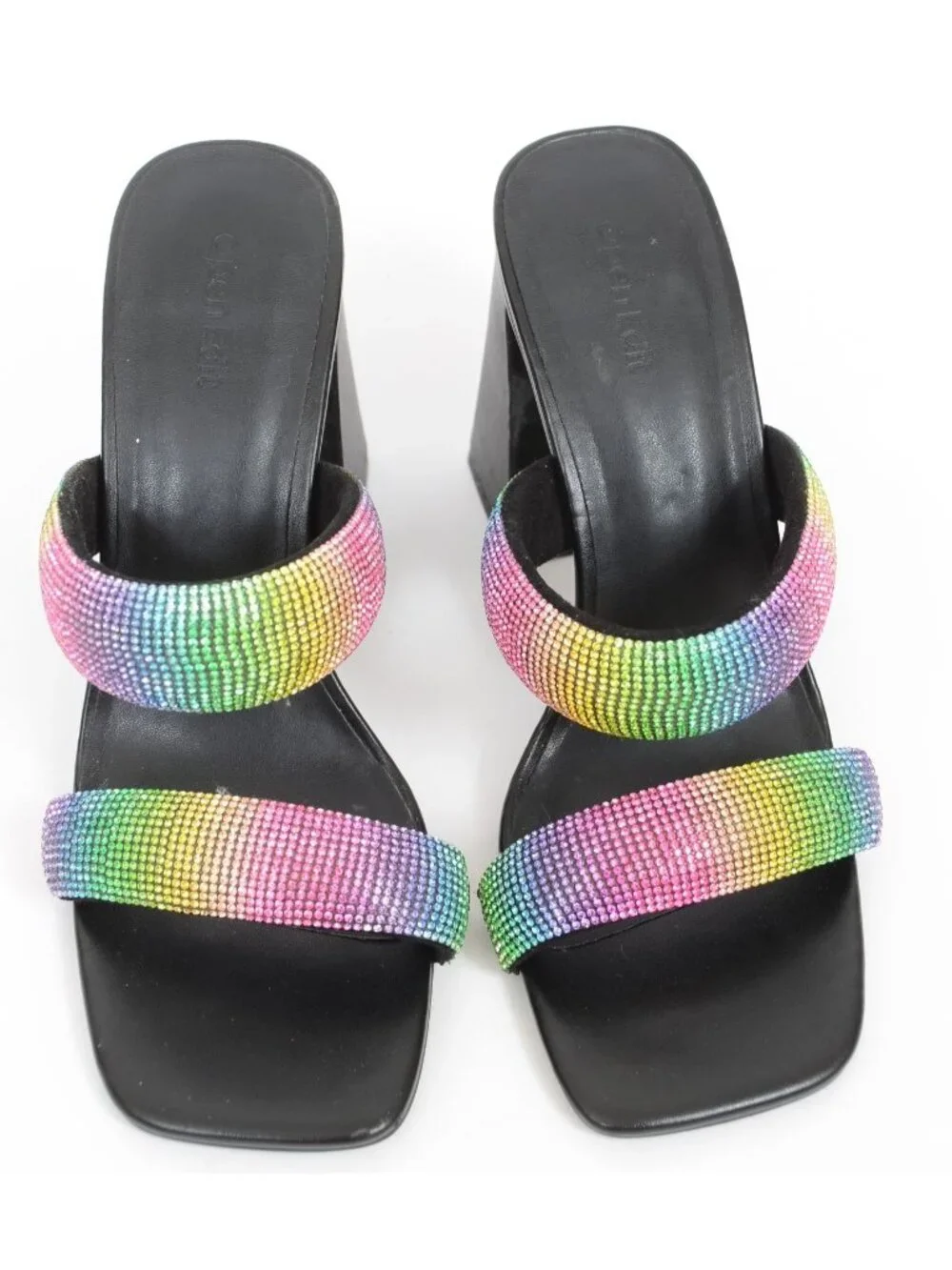 Open Edit Sasha Women‎ 9.5 Black Rainbow Rhinestone Sandal Chunky Flared Heels
